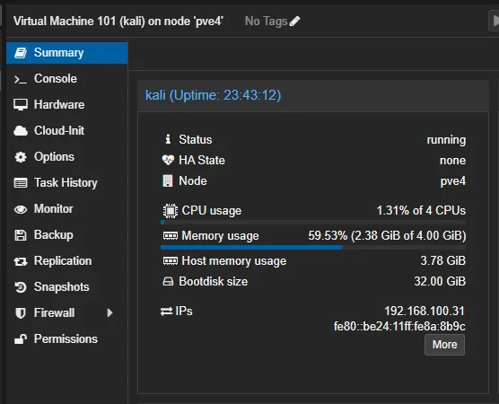 Proxmox Web UIのSummaryタブでIPアドレスを確認