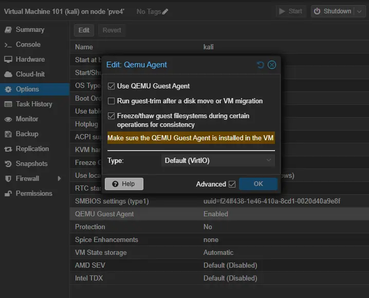 Proxmox Web UIの対象VM「Options」タブを開いた状態。「QEMU Guest Agent」の行がハイライトされており、ダブルクリックすると開くダイアログで「Use QEMU Guest Agent」チェックボックスにチェックが入っている様子