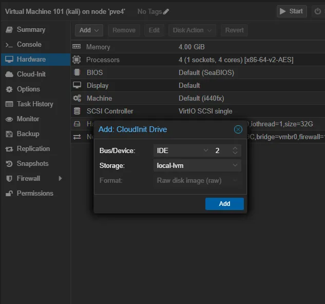 Proxmox Web UI - Cloudnit Drive追加