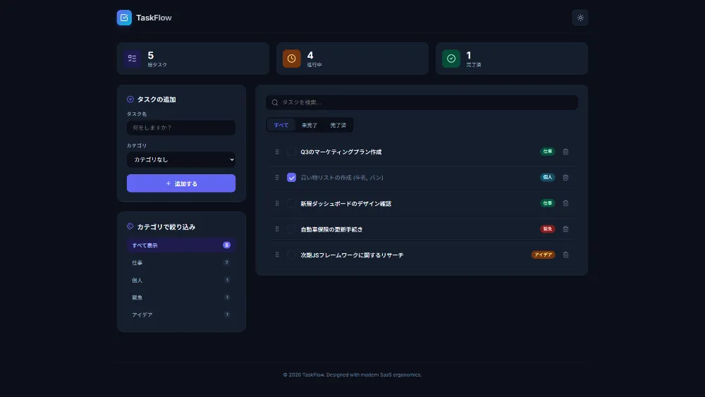 Gemini 3.5 Flashが生成したToDoアプリのスクリーンショット。統計メトリクスカードと検索窓を備えたダッシュボード風デザイン