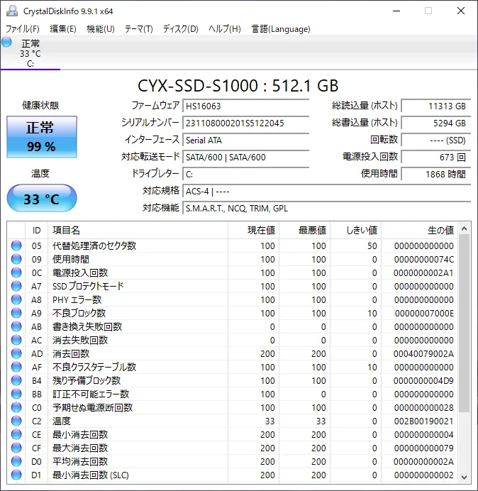 CrystalDiskInfoの結果