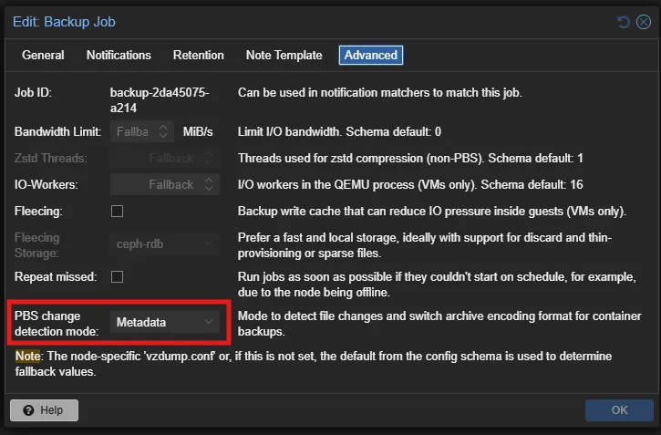 Backup JobのAdvancedの設定画面