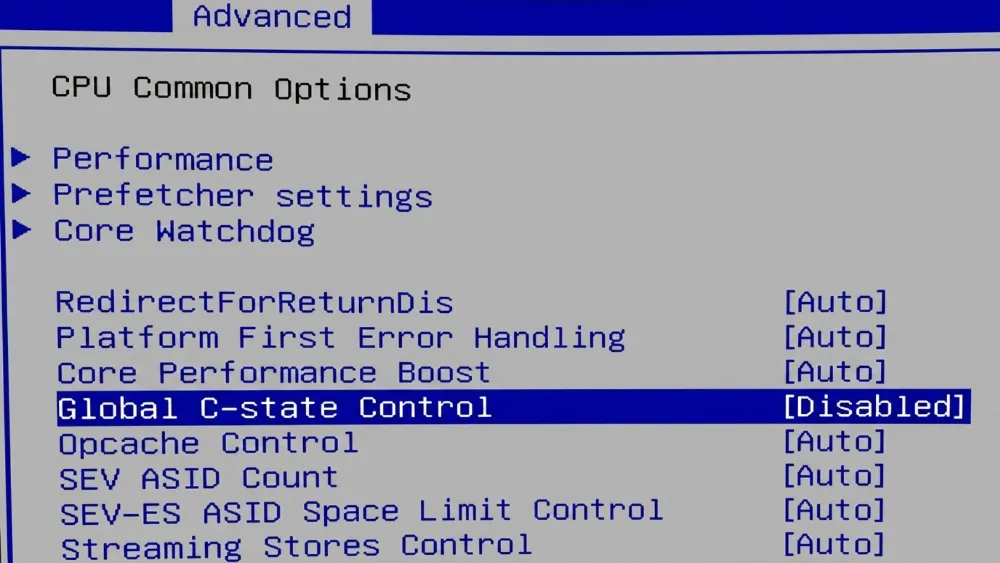 BIOSでGlobal C-state ControlをDisabledに設定する画面